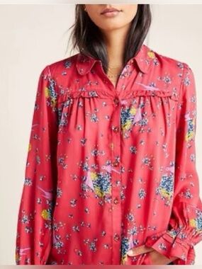 Anthropologie Maeve Fredericka Button-Up Floral Bird Blouse Size 2